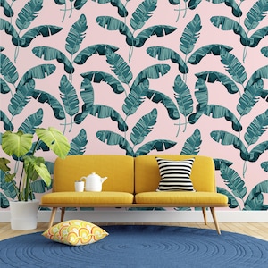 Banana Palm Tree Leaf on the Pink Background Modern Wallpaper Self Adhesive Peel and Stick Home House Wall Decoration Removable