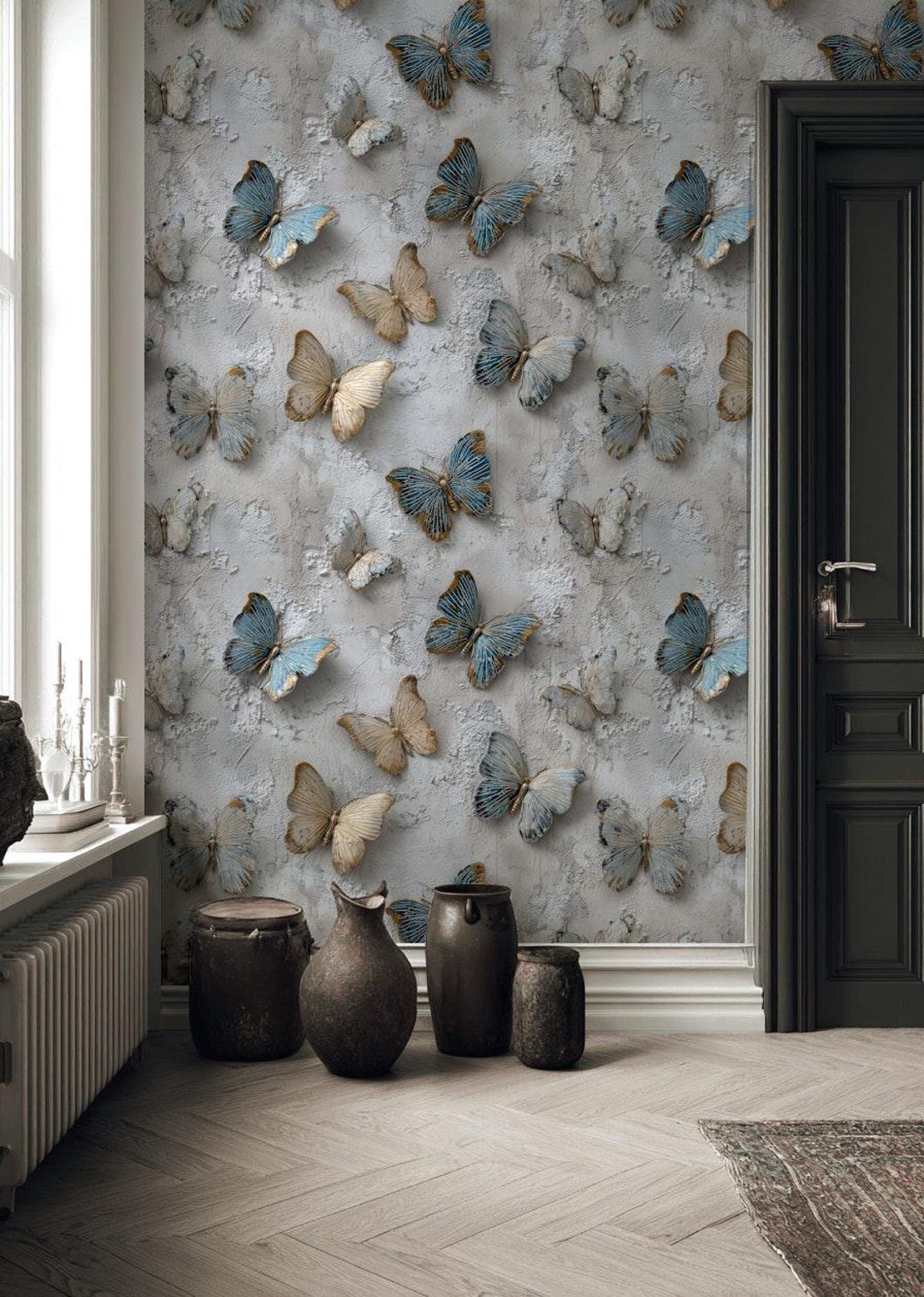 Butterfly Textured Wallpaper Blue Gray Peel and Stick 3D Wall Mural - Etsy