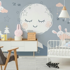 Schlafender Mond Vollmond Berge Kaninchen Wolken Sterne Bäume Tapete Selbstklebendes Schälen und Aufkleben Wandbild Wanddekoration Entfernbar