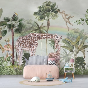 Safari Giraffe Famiglia Scimmia che salta da un albero all'altro nella giungla tropicale Carta da parati Autoadesiva Peel and Stick Wall Decoration Rimovibile