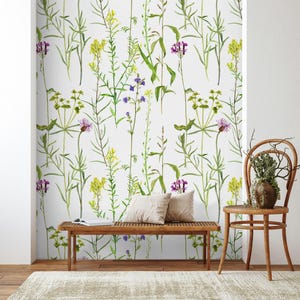 Watercolor Drawing Plants and Beautiful Garden Flowers Floral Wallpaper Self Adhesive Peel and Stick Wall Mural Wall Decoration Removable