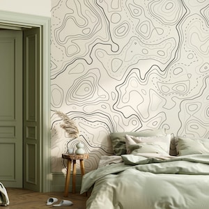 Topographische Topo Karte Schwarz Weiß Hintergrund Tapete Selbstklebendes Schälen und Aufkleben Wandbild Wanddekoration Skandinavisch Abnehmbar
