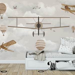 Airplane Flying Hot Air Balloons Wallpaper Self Adhesive Peel and Stick Wall Mural Wall Decoration Minimalistic Scandinavian Removable
