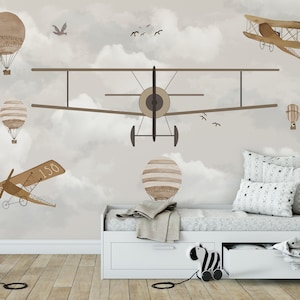 Airplane Flying Hot Air Balloons Wallpaper Self Adhesive Peel and Stick Wall Mural Wall Decoration Minimalistic Scandinavian Removable