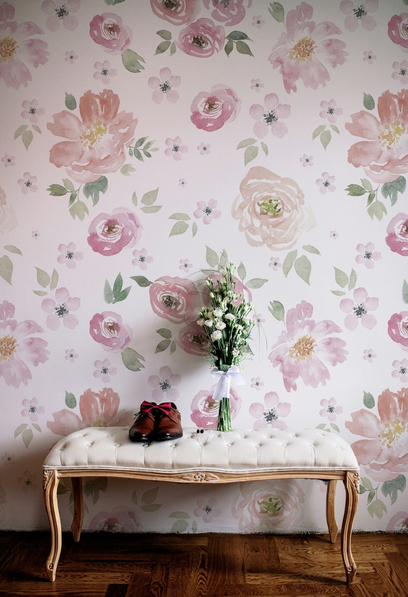 Watercolor Flowers Wallpaper | Pink Floral Peel and Stick Wall Mural ...