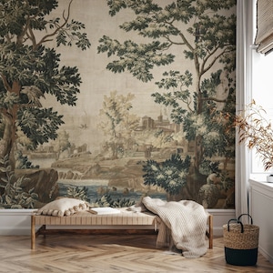 Vintage Landscape Wallpaper - Trees, Birds, and Serene Outdoor Scene Wall Mural