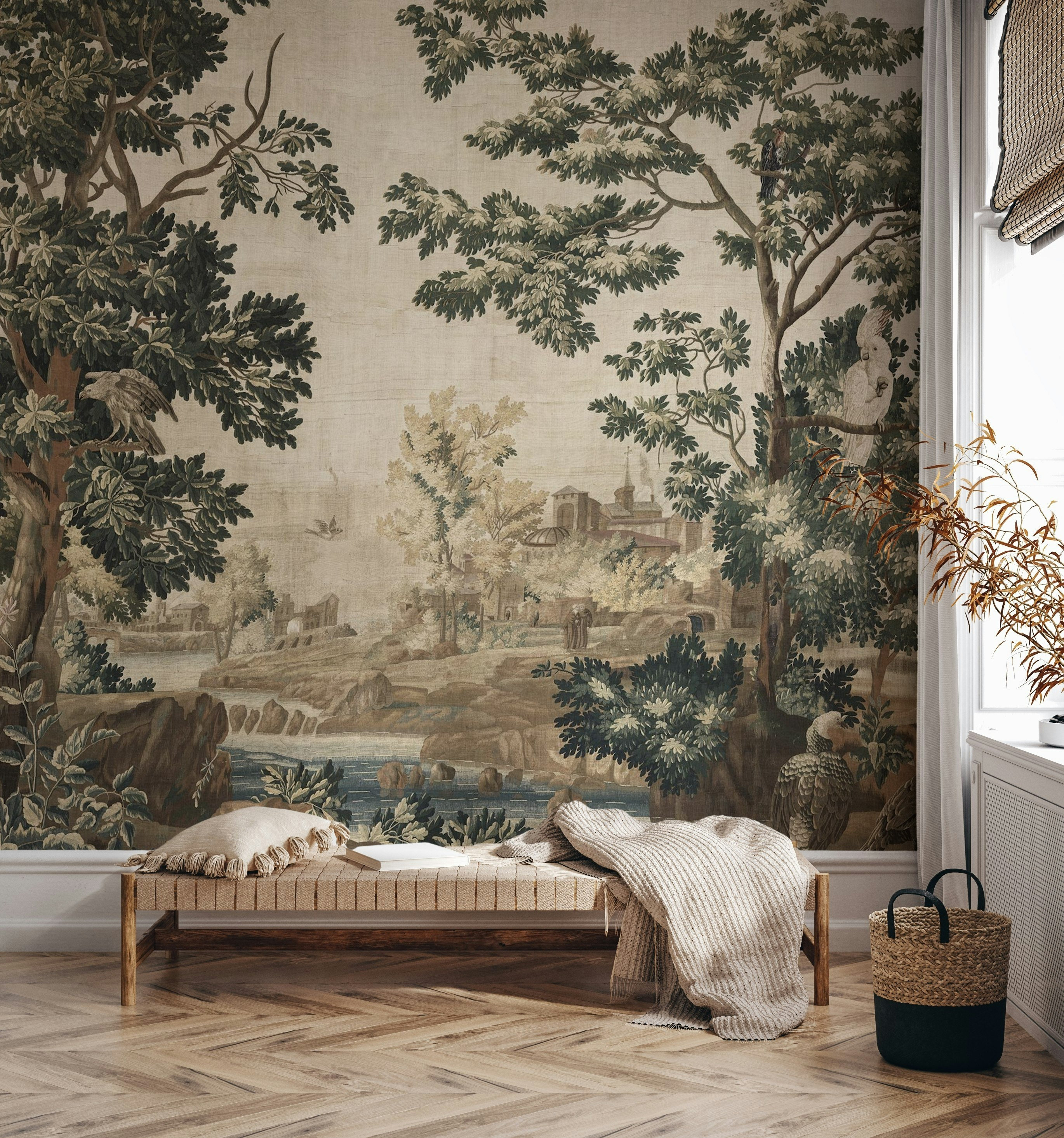 Vintage Landscape Wallpaper - Trees, Birds, and Serene Outdoor Scene Wall Mural