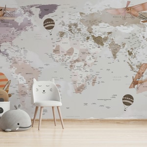Globos aerostáticos y aviones pequeños Mapa del mundo Papel tapiz Autoadhesivo Pelar y pegar Mural de pared Decoración de pared Diseño escandinavo Extraíble