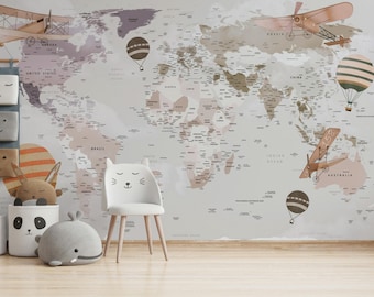 Air Balloons and Small Planes World Map Wallpaper Self Adhesive Peel and Stick Wall Mural Wall Decoration Scandinavian Design Removable
