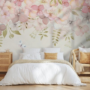 Butterflies Pink Colorful Garden Flowers Leaves Luxury Floral Wallpaper Self Adhesive Peel and Stick Wall Mural Wall Decoration Removable