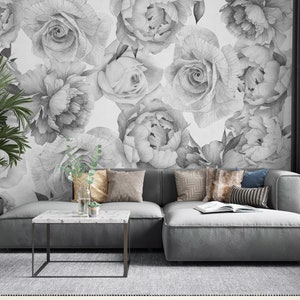 Gray and White Roses Flowers Background Floral Wallpaper Self Adhesive Peel and Stick Wall Mural Wall Decoration Removable