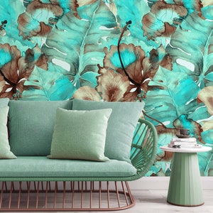 Banana Palm Leaf Abstract Turquoise and Brown Floral Wallpaper Self Adhesive Peel and Stick Wall Mural Wall Decoration Removable