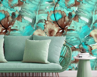 Banaan PalmBlad Abstracte Turquoise en Bruine Bloemen Wallpaper Zelfklevende Peel en Stick Muurschildering Wanddecoratie Verwijderbaar