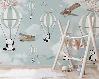 Papier peint montgolfière panda auto-adhésif autocollant décoration murale décoration murale maternelle design scandinave amovible