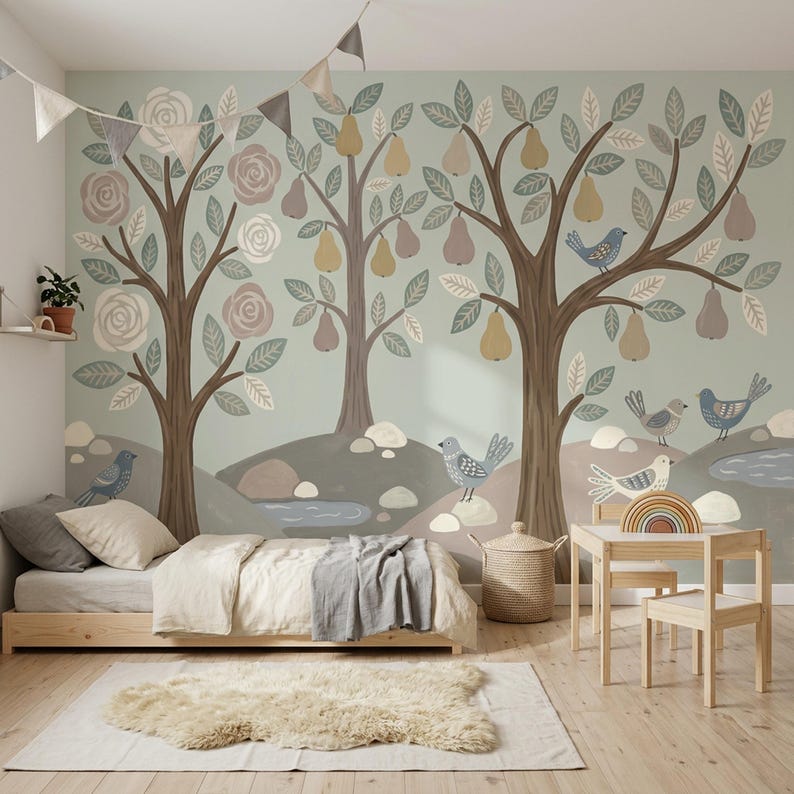 Whimsical Woodland Wallpaper Stylized Trees Peel and Stick Hand Painted ...