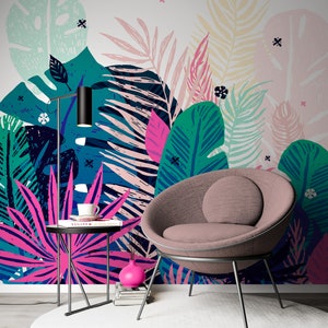 Multicolor Tropical Exotic Leaves Floral Wallpaper Self Adhesive Peel and Stick Wall Mural Wall Decoration Scandinavian Design Removable