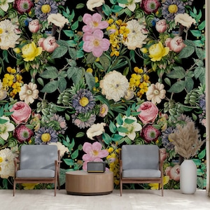 Colorful Garden Plants Dark Floral Flowers Modern Background Wallpaper Self Adhesive Peel and Stick Wall Mural Wall Decoration Removable
