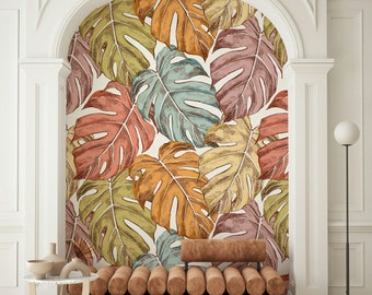 Monstera foglie colorate disegnate a mano modello di colore retrò carta da parati di lusso autoadesiva decorazione murale rimovibile