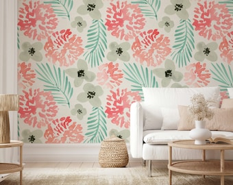 Acuarela Rosa Verde Gris Diseño Moderno Flores Floral Papel Pintado Autoadhesivo Peel and Stick Murales de Pared Decoración de Pared Extraíble