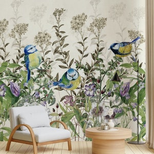 Sparrows Green Plants Luxury Background Wallpaper Self Adhesive Peel and Stick Wall Mural Wall Decoration Scandinavian Design Removable