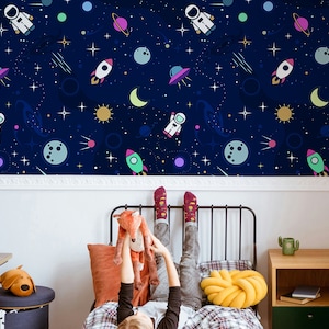 Astronaut Spaceship Rocket Moon Black Hole Funny Wallpaper Self Adhesive Peel and Stick Wall Mural Wall Decoration Scandinavian Removable