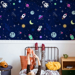 Astronauta Astronave Razzo Luna Buco nero Carta da parati divertente Autoadesiva Rimuovi e incolla Decorazione murale Decorazione scandinava Rimovibile