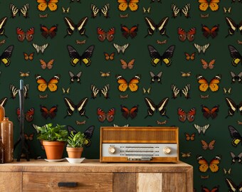 Different Breeds of Colorful Cutterflies on Dark Green Background Animal Wallpaper Self Adhesive Peel and Stick Wall Decoration Removable