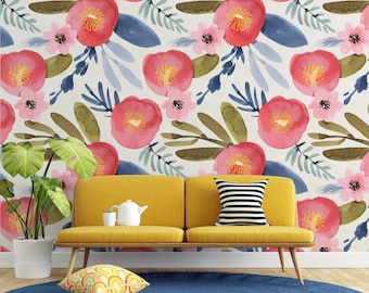 Watercolor Flowers Modern Design Floral Wallpaper Self Adhesive Peel and Stick Wall Mural Wall Decoration Scandinavian Design Removable