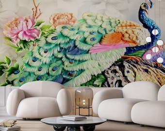 Runtoo Calcomanía De Pared De Pavo Real Con Flores – 2 Láminas De 30x90 Cm – Vinilo Extraíble Y Reutilizable – Decoración Para Salón O Dormitorio