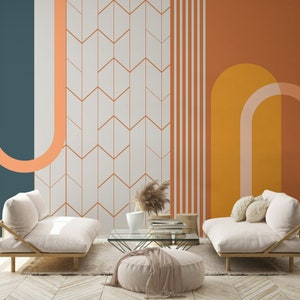 Carta da parati geometrica con forme esagonali e arancioni / Decorazione stacca e incolla per l'home office / Decorazione murale moderna