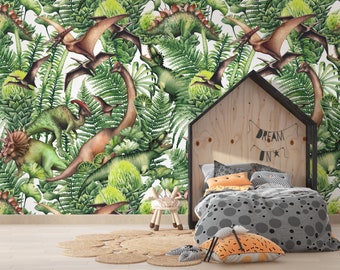 Animals of Dinosaurs Green Plants Wallpaper Self Adhesive Peel and Stick Wall Murals Wall Decoration Removable