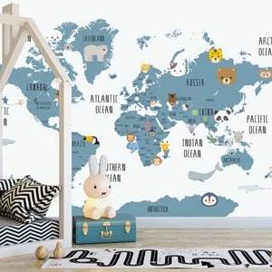 Blue Kids World Map Cartoon with Cute Animals Self Adhesive Peel and Stick Wall Mural Wall Decoration Minimalista Escandinavo Extraíble