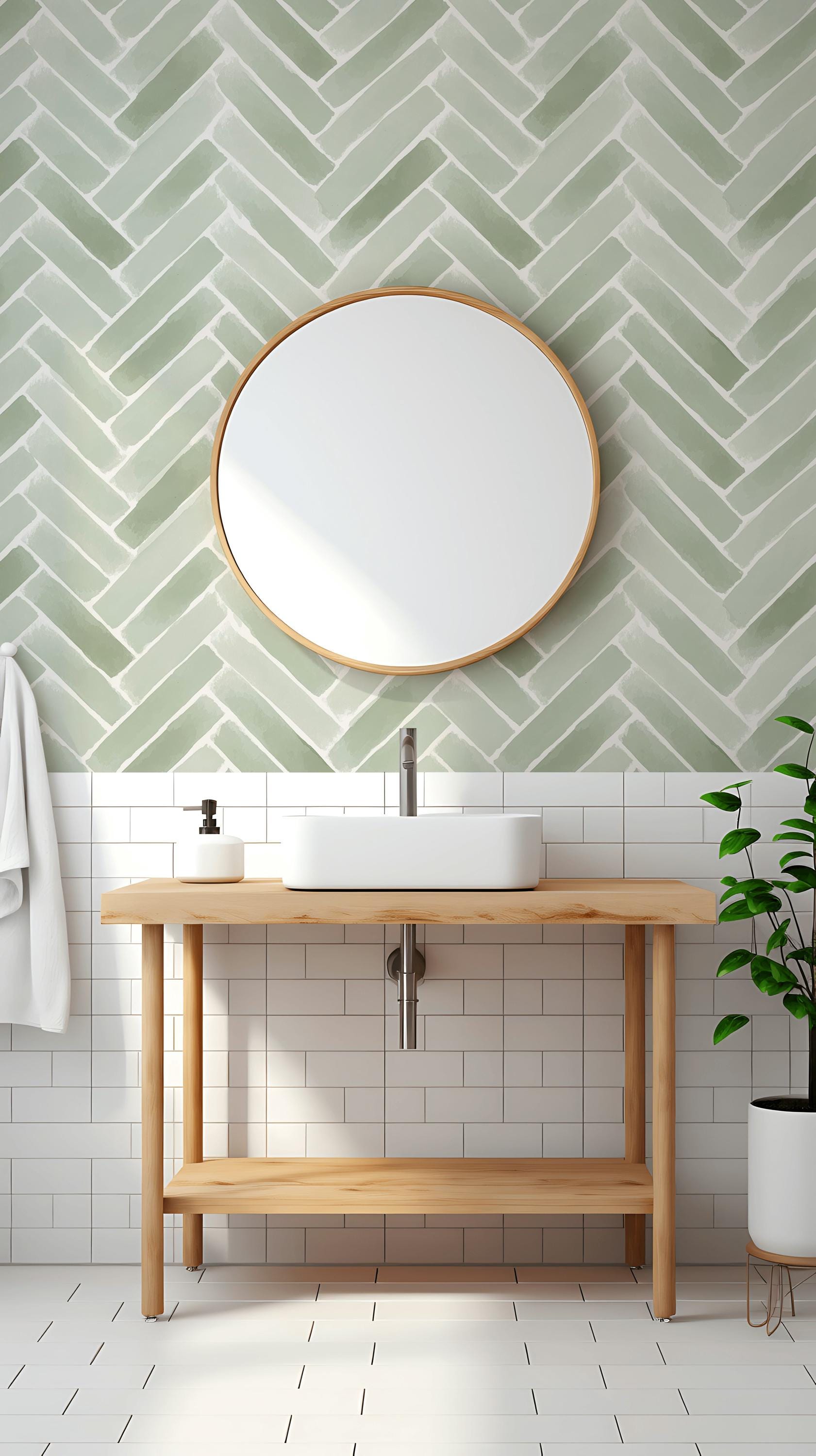 Sage Green Herringbone Wallpaper Faux Tile Peel and Stick Backsplash Watercolor Pattern