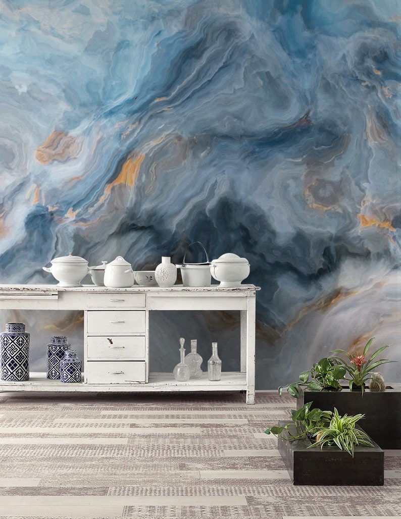 Marble Pattern Blue Gray Abstract Wallpaper Self Adhesive Peel Etsy