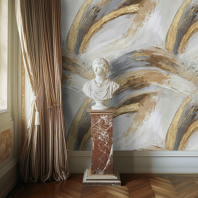 Pode incluir: Um busto de m&aacute;rmore branco de uma figura cl&aacute;ssica est&aacute; sobre um pedestal de m&aacute;rmore vermelho. O pedestal &eacute; retangular com uma base branca. O fundo apresenta pinceladas abstratas em branco, dourado e cinza.