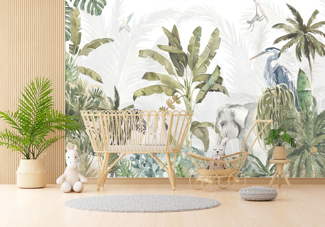 Jungle Wallpaper Kids Room Peel and Stick Tropical Wall Mural Removable ...