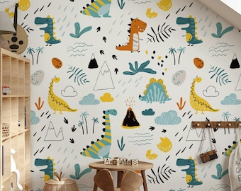 Dinosaures variés mignons montagnes volcans palmiers papier peint animal drôle auto-adhésif autocollant décoration murale maison maison amovible
