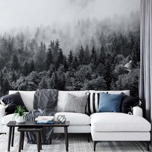 Misty Forests Evergreen Coniferous Trees Nature Wallpaper Self Adhesive Peel and Stick Wall Mural Wall Decoration Scandinavian Removable