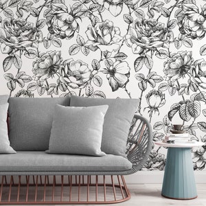 Sketch Flowers Black and White Floral Wallpaper Self Adhesive Peel and ...