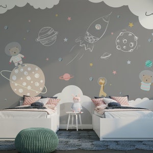 Hand Zeichnen Astronaut Bär Raumschiff Sonnensystem und andere Planeten Sterne Wallpaper Selbstklebende Schälen und Stick Wandbild Wanddekoration