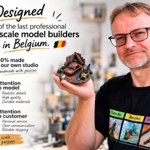 May include: A miniature diorama featuring a rusted, weathered car inside a small wooden structure, held in a palm. The text reads: Designed by one of the last professional small-scale model builders in Belgium. 100% made in our own studio. Attention to model. Attention to customer. Small scale. Big passion.