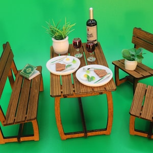 1:12 Scale Garden Bench Set Kit | DIY Dollhouse Miniature Furniture | Table, Bench & Chairs | Fairy Garden Accessory | Plywood Model Kit
