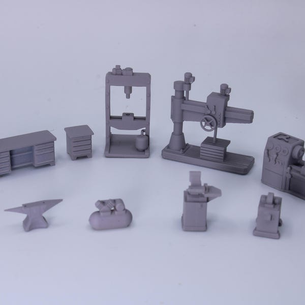 HO Scale Workshop Machines Set | 10-Piece Metalworking Tools | OO Scale Compatible | Unpainted Resin Miniatures