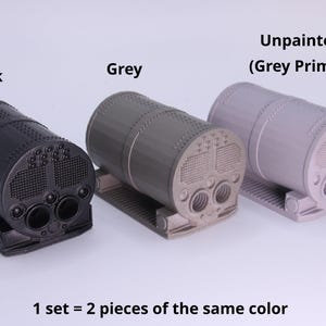 May include: Three cylindrical objects with textured ends and two circular openings, labeled Black, Grey, and Unpainted (Grey Primer). The text 1 set = 2 pieces of the same color is displayed below. These items feature a grid pattern and a base.