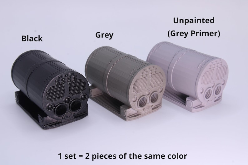 May include: Three cylindrical objects with textured ends and two circular openings, labeled Black, Grey, and Unpainted (Grey Primer). The text 1 set = 2 pieces of the same color is displayed below. These items feature a grid pattern and a base.