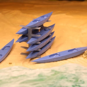 HO Scale Canoe Set with Rack | 8-Piece Blue Resin Canoes | OO Compatible | Model Train River Scenery Accessory