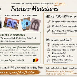 May include: An informational graphic for Feisters Miniatures featuring the company name, established date, and categories including booknooks, scale scenery, and building parts. It lists production details, worldwide delivery information, and the Etsy shop URL.