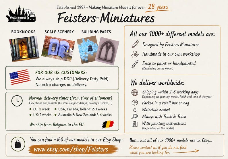 May include: An informational graphic for Feisters Miniatures featuring the company name, established date, and categories including booknooks, scale scenery, and building parts. It lists production details, worldwide delivery information, and the Etsy shop URL.