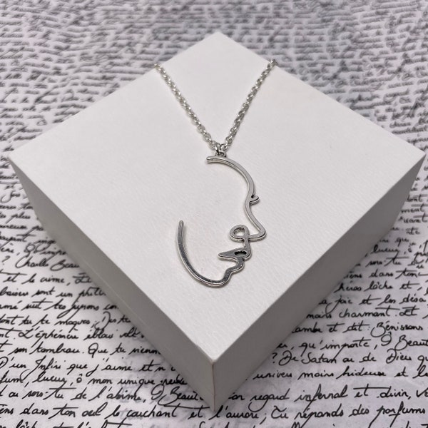 Line Art Face Silver Chain Necklace Pendant Jewellery Gift