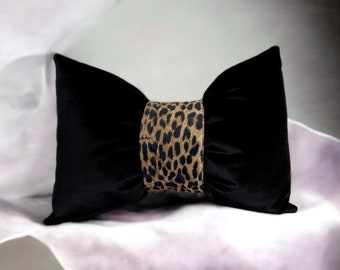 Black Bow-Shaped Unique Design Cheetah Belted Velvet Pillow